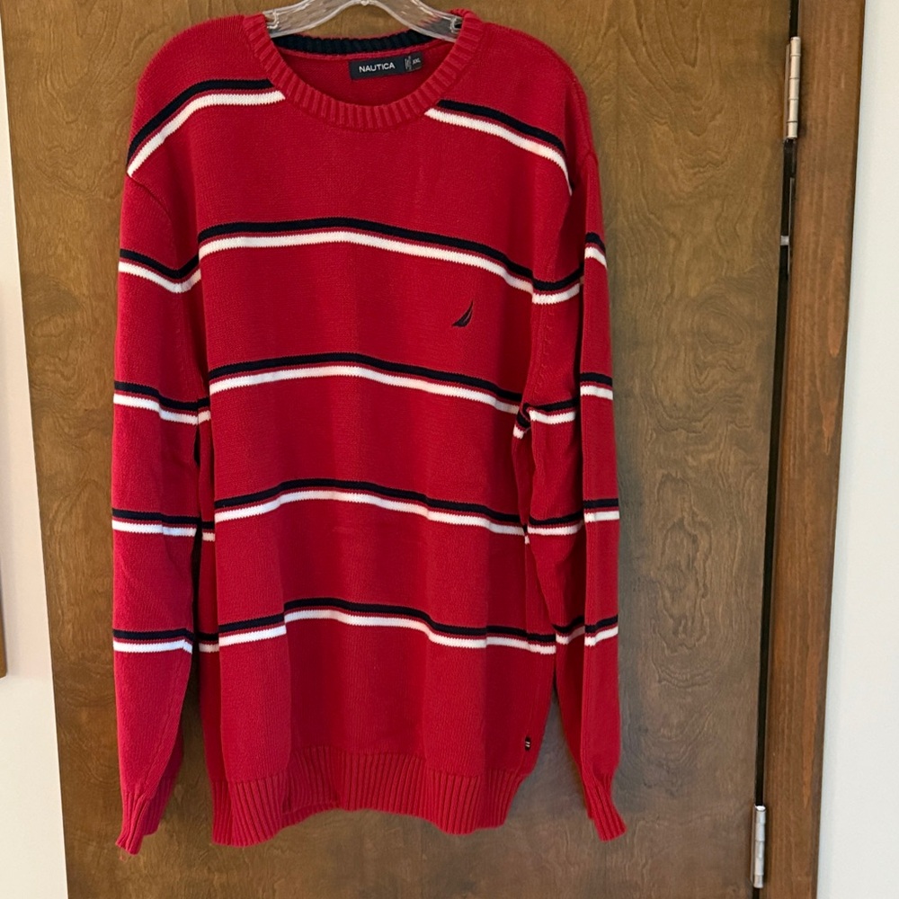 Nautica Men's Bold Red Striped Crewneck Sweater